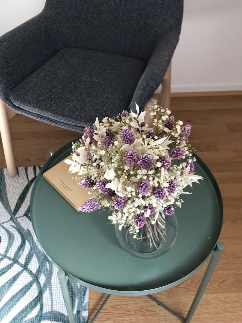 Bouquet de fleurs séchées avec gypsophile blanche et phalaris violet - Bouquet “Mia”