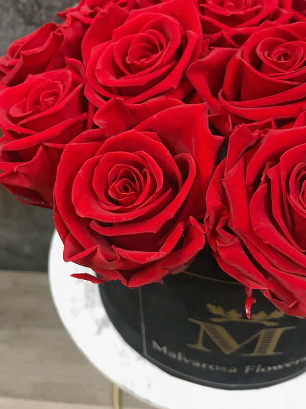 Flower box with red eternal roses - Luxury bouquet in black velvet box