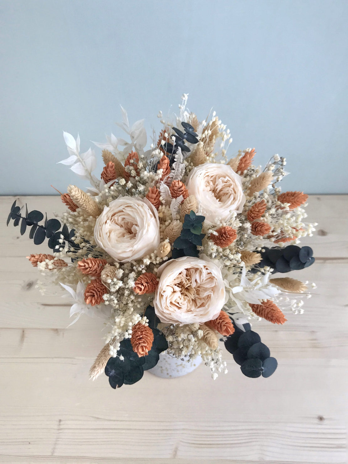 Bouquet of dried and preserved flowers, with eternal powder pink English roses and eucalyptus - 