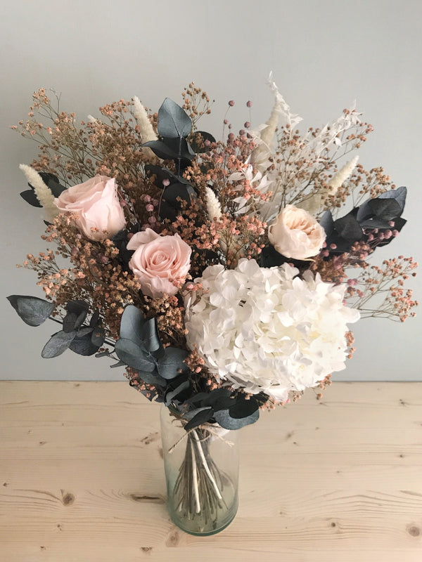 Grand bouquet de fleurs séchées et stabilisées avec roses, hortensia, gypsophile, eucalyptus - Bouquet Gloria
