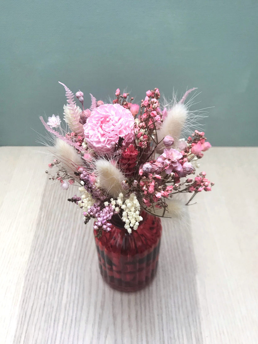 Mini bouquet de fleurs séchées avec dahlia stabilisée dans son petite bouteille en verre - Bouquet « Candy »