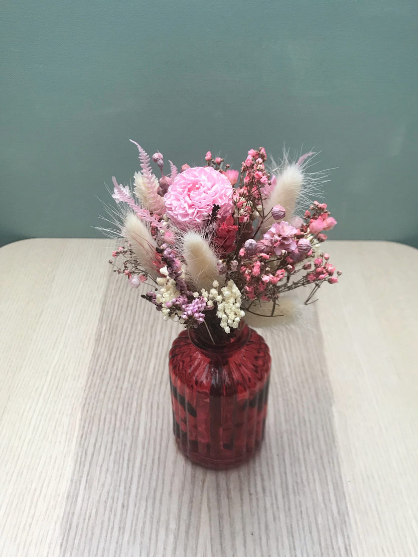 Mini bouquet de fleurs séchées avec dahlia stabilisée dans son petite bouteille en verre - Bouquet « Candy »