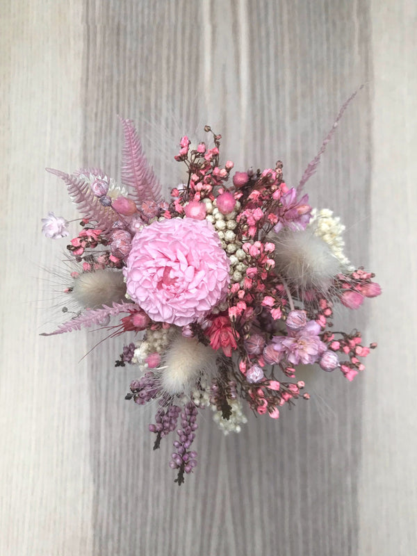 Mini bouquet de fleurs séchées avec dahlia stabilisée dans son petite bouteille en verre - Bouquet « Candy »