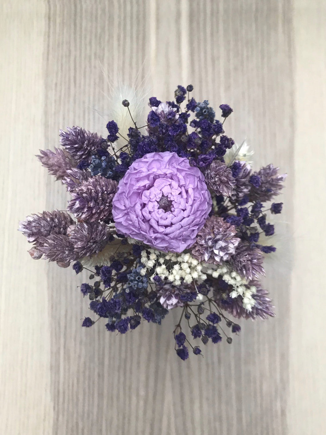 Mini dried flower bouquet with preserved dahlia and small glass bottle - 