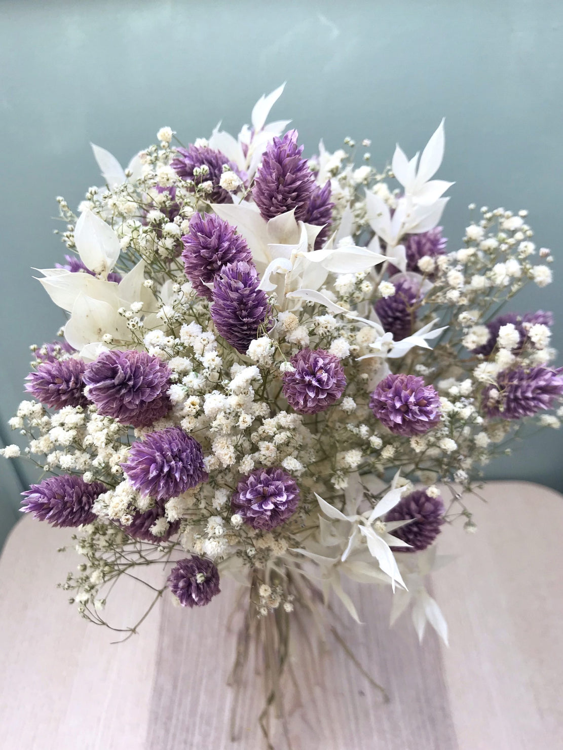 Bouquet of dried flowers with white gypsophila and purple canary grass - Bouquet “Mia”