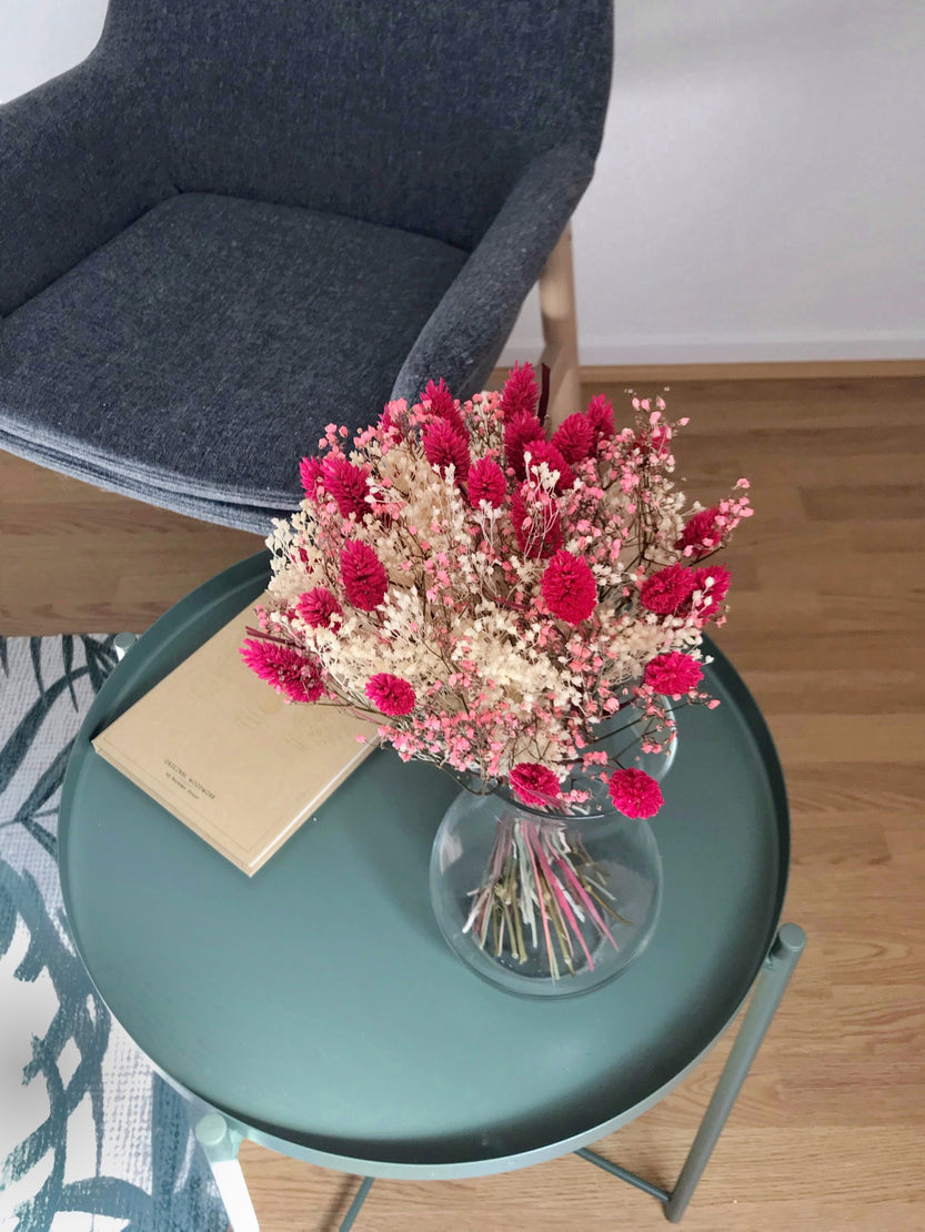 Bouquet de fleurs séchées avec gypsophile rose et phalaris fuchsia - Bouquet « Sansa »